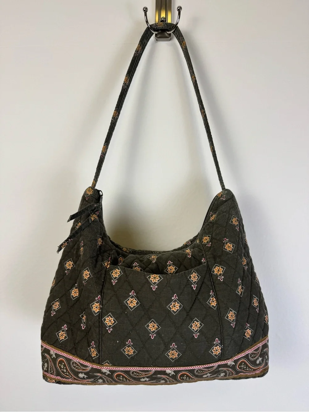 Tanyalee Design Quilted Green Taupe Floral Boho Shoulder Bag Cotton Hobo Purse